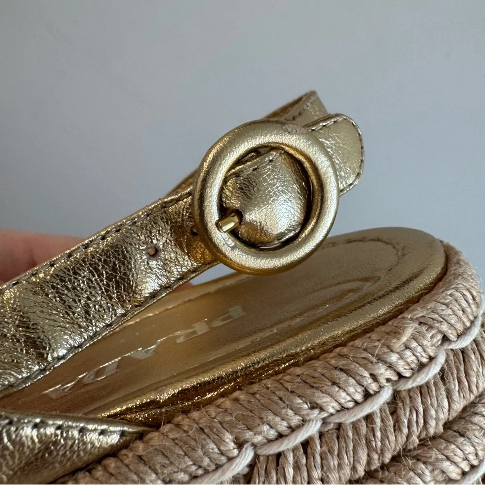Prada Strappy Gold Leather Platform Espadrilles‎ Size 37.5